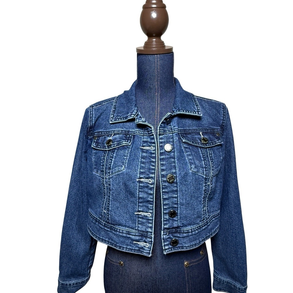 DressBarn Petite Large Cropped Denim Jacket Womens Blue  Jean Jacket